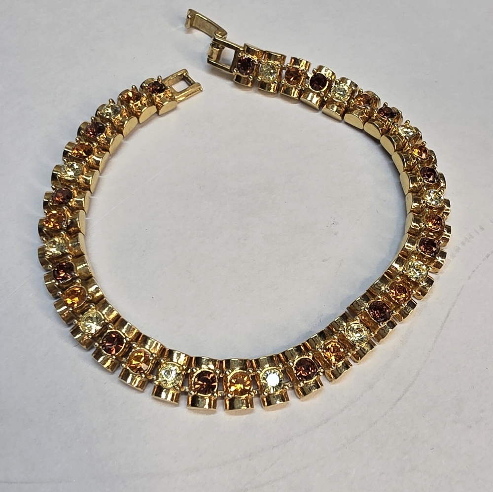 Signed PD PREMIER DESIGNS Tennis Bracelet  Topaz/Amber/Peridot Crystals Vintage